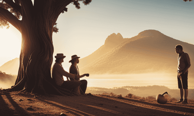 An image of a vibrant, sunlit South American landscape, where a group of friends gather under a sprawling tree, sharing a gourd of yerba mate while engaging in animated conversation, radiating a sense of camaraderie and invigoration