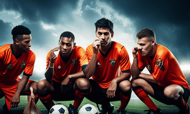 An image showcasing a group of soccer players huddled together, their vibrant jerseys drenched in sweat, as they sip from traditional gourds filled with invigorating yerba mate, their focused expressions reflecting the drink's energizing effects