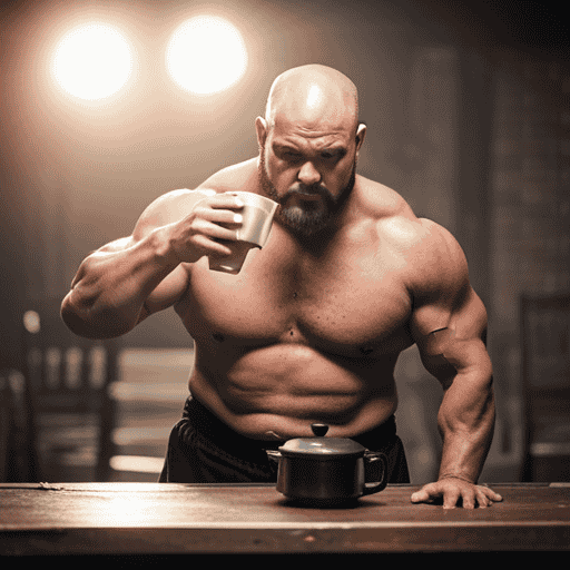An image showcasing Big Bicep, a muscular figure, sipping herbal tea while engaging in Player Killing (PKing)