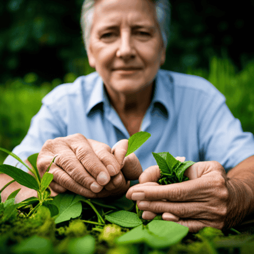 An image depicting a person with neuropathy, sitting barefoot on a patch of herbal tea leaves