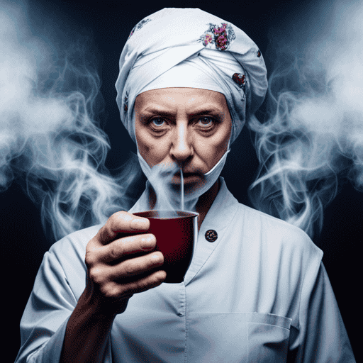 Create an image showcasing a person holding a cup of herbal tea, their face contorted in discomfort, as steam rises from the cup