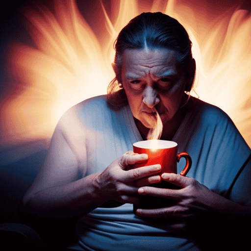 An image of a person sitting in discomfort, clutching their chest with a pained expression, while a steaming cup of herbal tea emits fiery sparks that rise towards their throat, symbolizing the unsettling connection between herbal tea and acid reflux