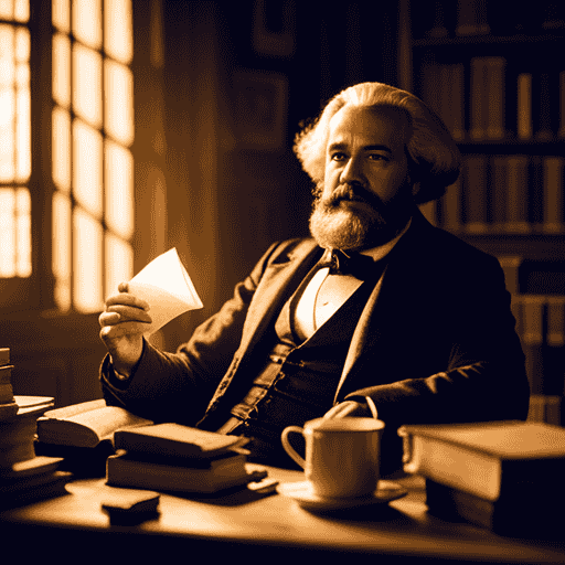 An image showing Karl Marx sitting at a wooden desk in a cozy study, a steaming cup of herbal tea beside him