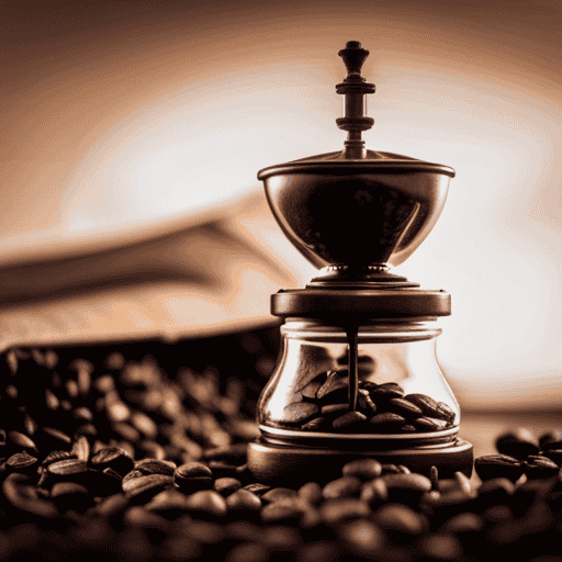 An image showcasing a glass jar filled with rich, aromatic coffee beans, next to a sleek, vintage coffee grinder, surrounded by a golden aura, emphasizing the luxurious allure of Postum