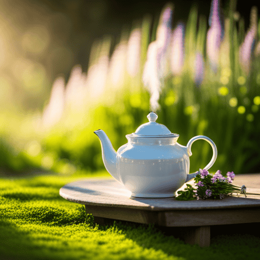 An image featuring a serene, sunlit garden with vibrant, aromatic herbs gracefully steeping in a delicate teapot