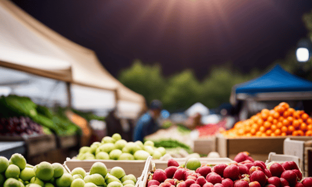 An image showcasing a bustling farmers market, where stalls overflow with vibrant, colorful produce