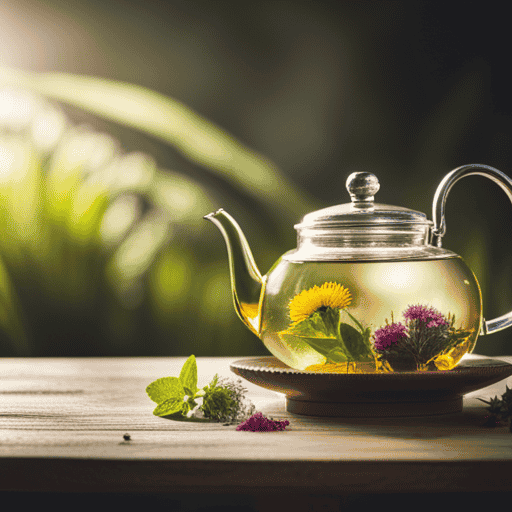 An image showcasing a vibrant assortment of natural herbs, steeping in a teapot, releasing delicate wisps of steam