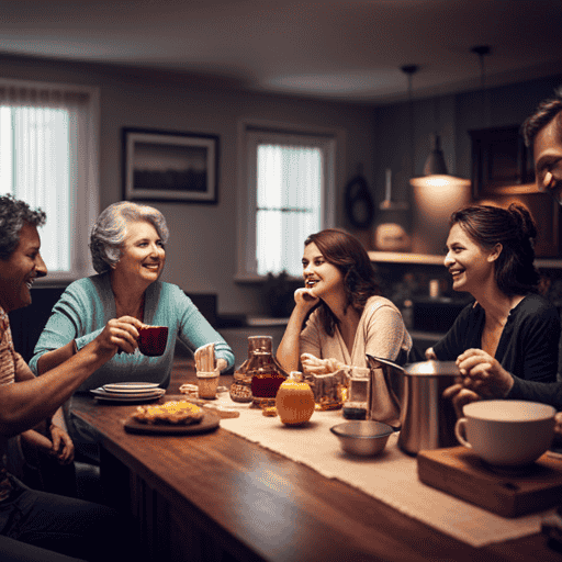 An image showcasing a cozy American kitchen with a steaming cup of herbal tea, while a diverse group of friends chat and enjoy the aromatic brew, highlighting the cultural aspect of herbal tea in America