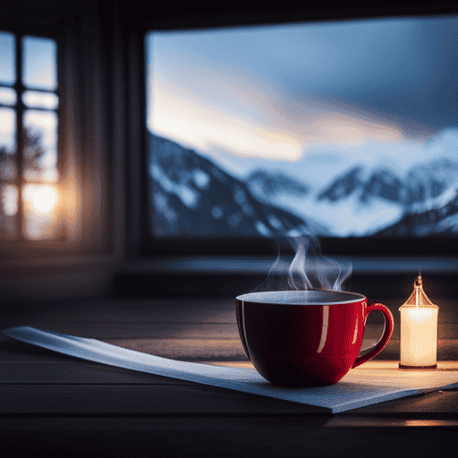 An image capturing a serene scene of a cozy winter cabin, with snow falling outside the window