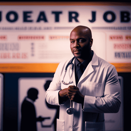 An image featuring a doctor in a white lab coat, holding a stethoscope, standing next to a vibrant job advertisement board showcasing various healthcare positions