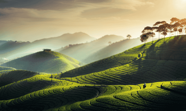 An image featuring a lush, picturesque tea plantation with rolling hills covered in neatly arranged oolong tea bushes