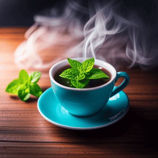 An image featuring a serene, vibrant green herbal tea cup surrounded by fresh peppermint leaves