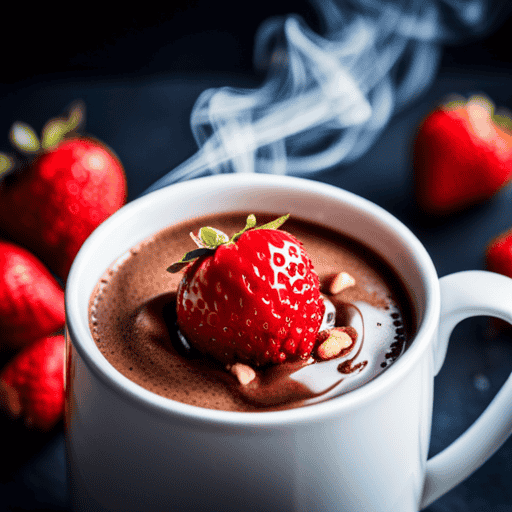 An image showcasing a steaming mug of rich, velvety hot chocolate made from raw cacao powder, surrounded by vibrant strawberries, walnuts, and a sprinkle of cinnamon, emphasizing the health benefits of this superfood