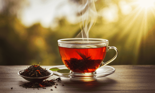 An image showcasing a steaming cup of vibrant red Rooibos tea and a golden Honeybush tea, surrounded by lush, blooming tea leaves