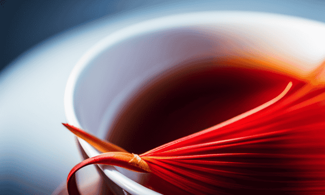 An image showcasing a vibrant red infusion, highlighting the distinct needle-shaped leaves of Rooibos, nestled in a porcelain teacup