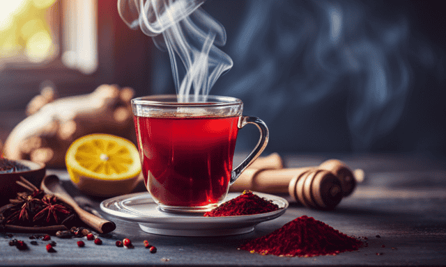 An image capturing the vibrant red hue of a steaming cup of Rooibos tea, surrounded by an assortment of natural ingredients like fresh lemons, ginger, and honey, symbolizing the health benefits of this antioxidant-rich beverage