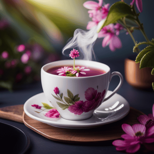 An image showcasing a vibrant teacup filled with fragrant herbal concoction, surrounded by a variety of colorful botanicals