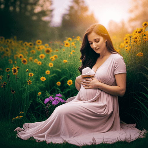An image depicting a serene, expectant mother gently cradling her baby bump while surrounded by a variety of vibrant, blooming flowers and a steaming cup of herbal tea left untouched, symbolizing the cautionary advice against consuming herbal tea during pregnancy