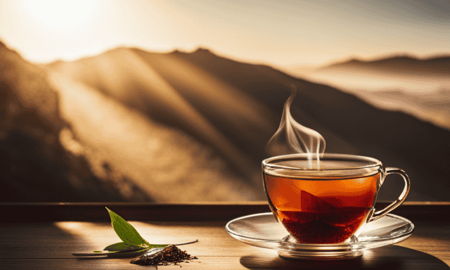 An image showcasing a vibrant cup of Rooibos tea, gently steaming, with delicate wisps of steam rising above it