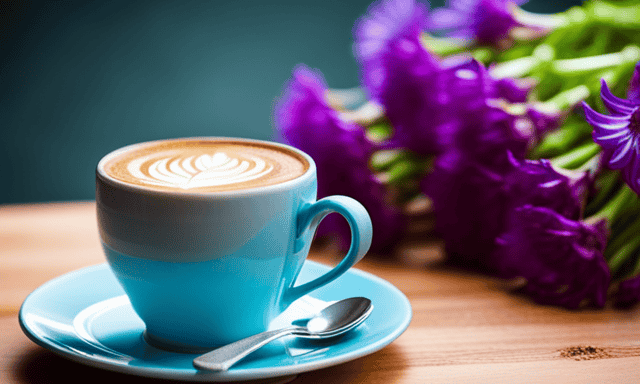 An image showcasing a vibrant cup of coffee with a delicious frothy texture, adorned with a few chicory root chips alongside a colorful bouquet of blooming chicory flowers, enticing readers to discover the benefits of consuming chicory root