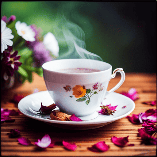 An image showcasing a delicate porcelain teacup filled with freshly brewed herbal tea