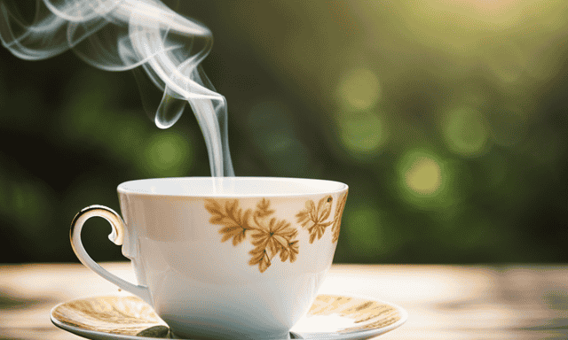 An image featuring a serene, sunlit garden with a delicate porcelain teacup brimming with steaming oolong tea