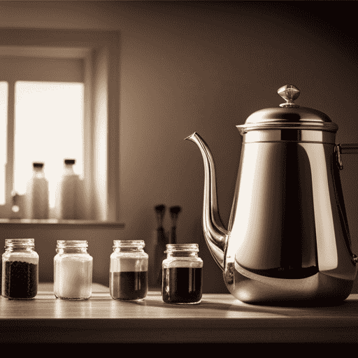 An image showcasing a nostalgic, sepia-toned coffee pot perched on a vintage kitchen countertop, surrounded by empty Postum jars, evoking a bittersweet sense of longing and wondering why this beloved beverage was abruptly discontinued