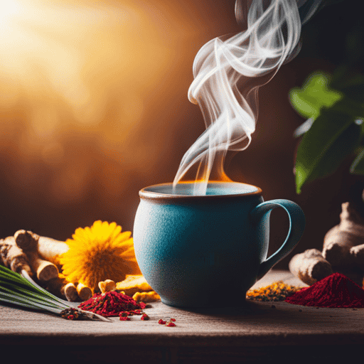 An image showcasing a steaming cup of Yogi Indian Immune Tea surrounded by vibrant, fresh ingredients like ginger, turmeric, and lemongrass