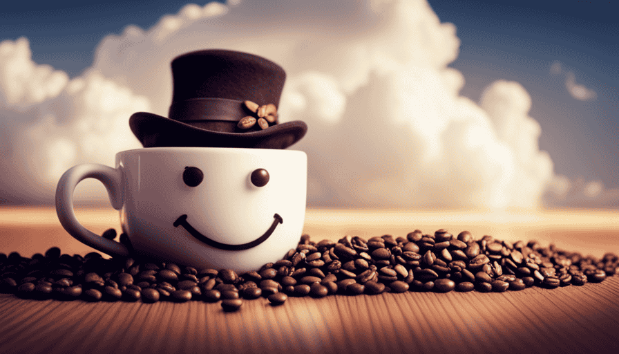 Ical image of a coffee mug with a mischievous grin, wearing a top hat made of coffee beans, and holding a sign that says "espresso yourself" while surrounded by a cloud of laughter and groans