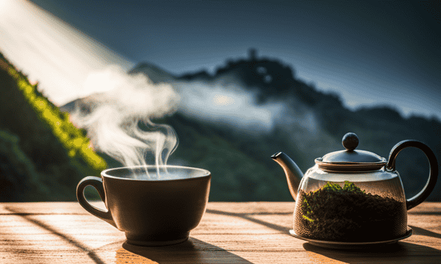 an image of a serene, mist-covered Wuyi Mountain, with vibrant green tea leaves basking in sunlight
