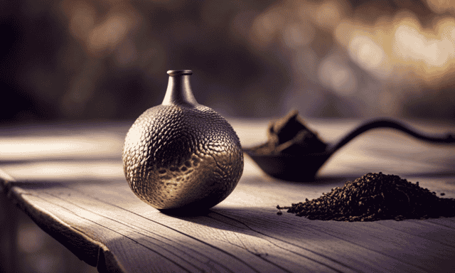 An image showcasing a used yerba mate gourd on a rustic wooden table, surrounded by scattered dried mate leaves, revealing the remnants of a shared mate session, capturing the essence of its longevity