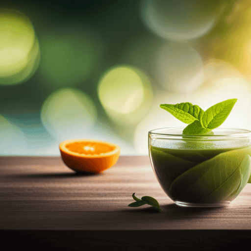 An image of a vibrant, lush green tea leaf surrounded by a variety of colorful fruits and vegetables, symbolizing the detoxifying power of Yogi Detox Tea