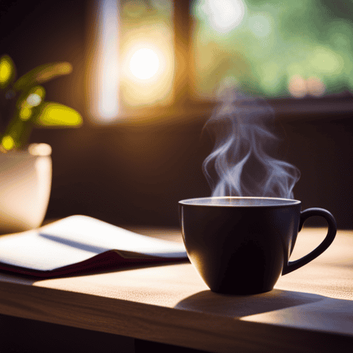 An image capturing a serene morning scene, with a cup of steaming Yogi Detox Tea placed on a wooden table as the sunlight filters through a window, casting a warm glow on the surroundings