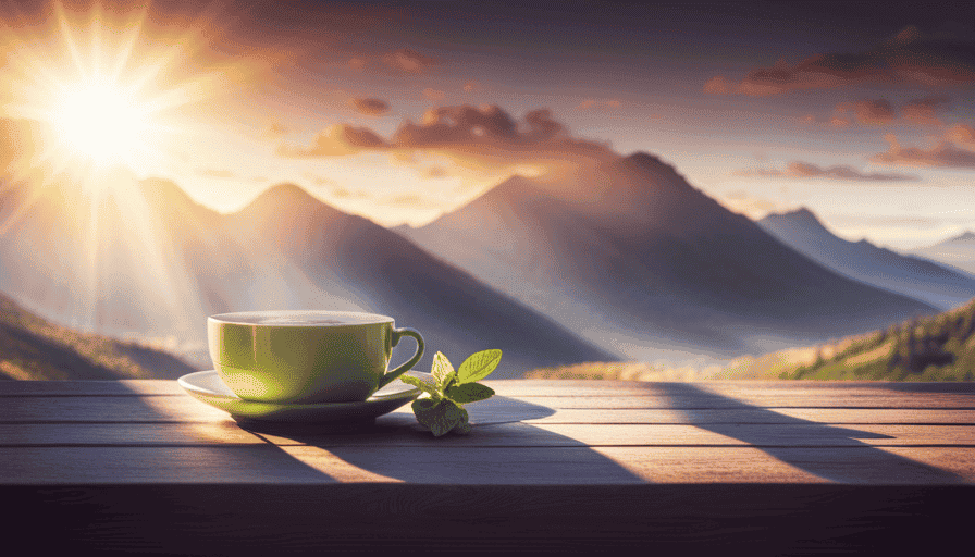 An image showcasing a serene morning scene with a cup of Yogi Green Tea Blueberry Slim Life gently steeping, emanating a fragrant steam, as sunlight filters through a window, casting a soft glow