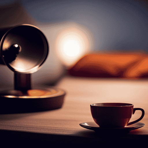 An image that depicts a serene nighttime scene with a cup of Yogi Sleep Tea steaming gently beside a cozy bed, showcasing the passage of time through a subtle transition from dusk to dawn
