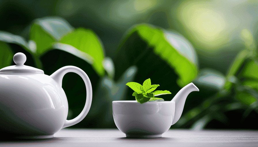 An image capturing the essence of Yogi Tea Refreshing Revitalized Mint Tea, showcasing a serene tea garden with lush green mint leaves, delicate tea cups, and a steaming teapot, evoking a sense of tranquility and longing