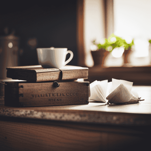 An image of a serene, sunlit kitchen counter with a worn-out wooden tea box, filled with an assortment of fragrant herbal tea bags