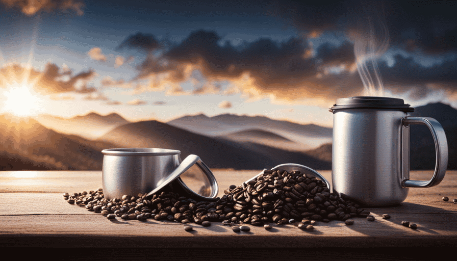 An image showcasing a Zojirushi Stainless Steel Coffee Mug, capturing steam rising from the mug's insulated lid, a hand grasping the sturdy handle, and the mug placed on a rustic wooden table surrounded by comforting morning sunlight