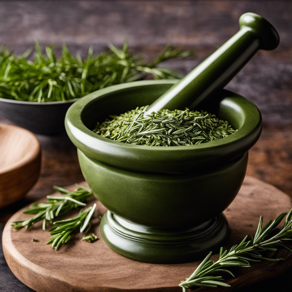 An image showcasing a mortar and pestle filled with 1-1/2 teaspoons of freshly minced rosemary leaves