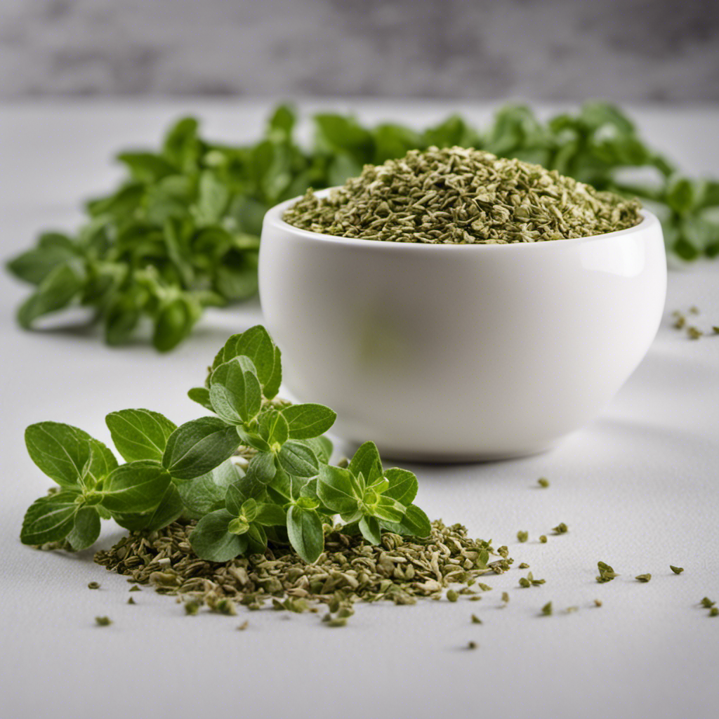 An image showcasing a small bowl filled with 1 1/2 teaspoons of vibrant, aromatic fresh oregano leaves