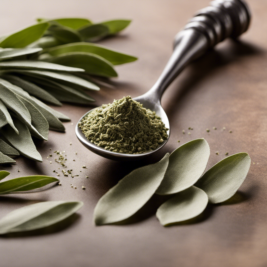 An image that showcases a measuring spoon filled with 1 1/2 teaspoons of whole sage leaves, along with a separate pile of finely ground rubbed sage next to it, visually illustrating the conversion from whole to rubbed sage