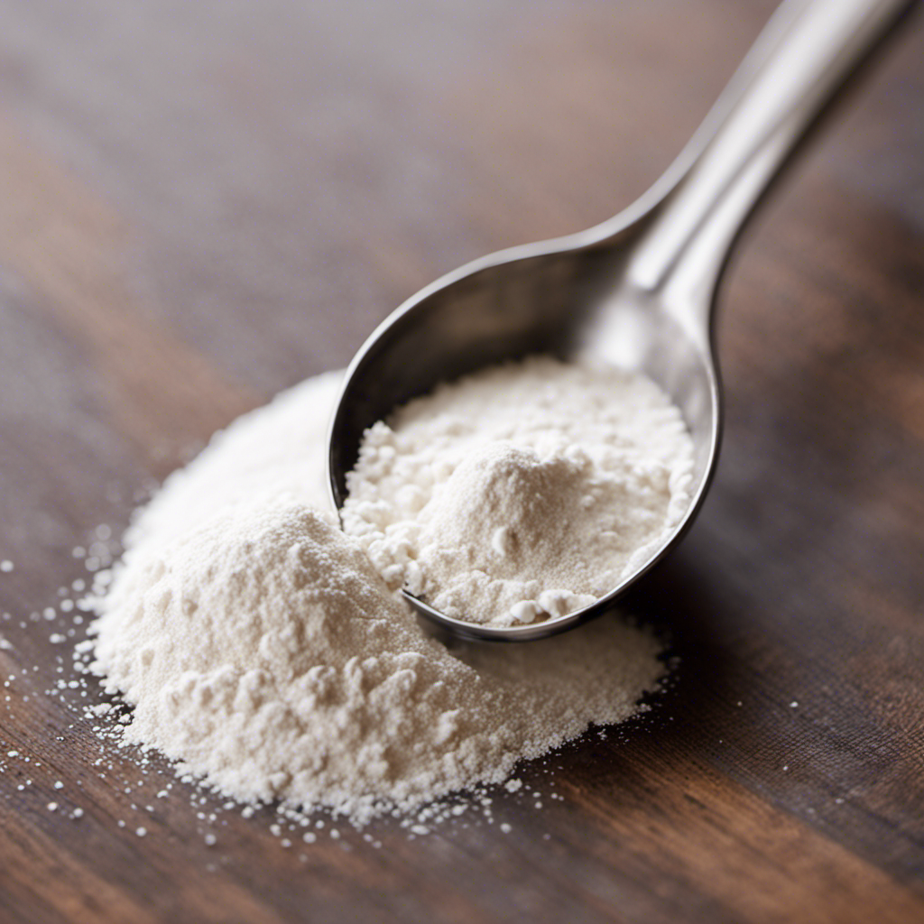 An image showcasing a measuring spoon filled with precisely 1 and 1/2 teaspoons of flour, perfectly leveled