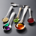 An image showcasing a measuring spoon filled with 10 grams of gelatin alongside a collection of teaspoons, each holding a varying amount of gelatin, illustrating the equivalent measurement in teaspoons