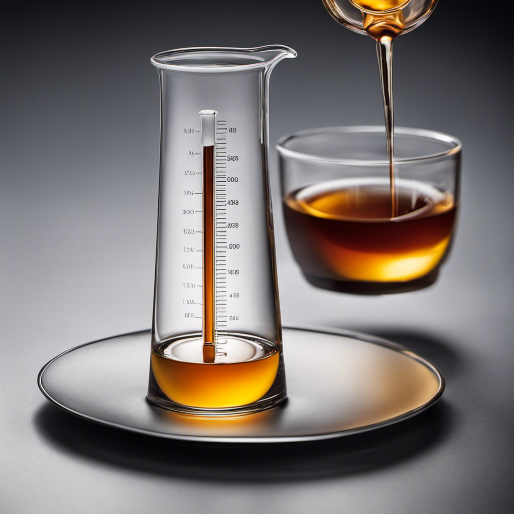 An image showcasing a graduated cylinder filled with 10 ml of liquid, pouring into a delicate teacup filled with teaspoons