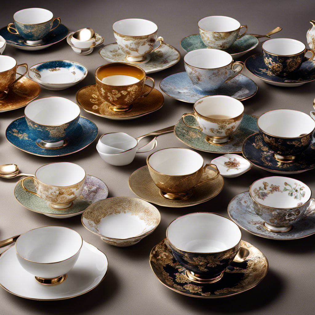 An image depicting a collection of 10 elegant porcelain tea cups, each filled to the brim with steaming hot tea