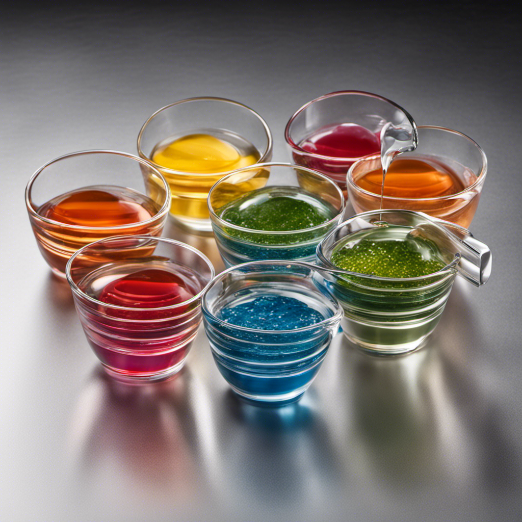 An image showcasing a colorful assortment of 10 neatly stacked teaspoons, next to a crystal-clear measuring cup filled with a translucent liquid, illustrating the precise measurement equivalence of 10 teaspoons