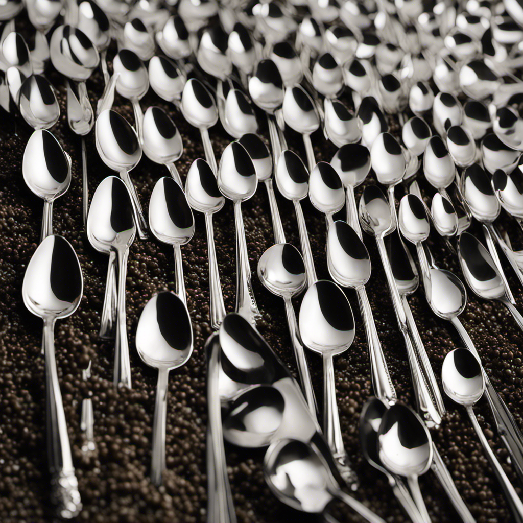 An image showcasing 166,666,667 tiny, gleaming teaspoons neatly arranged in a mountainous heap, illustrating the enormous quantity equivalent to just one teaspoon