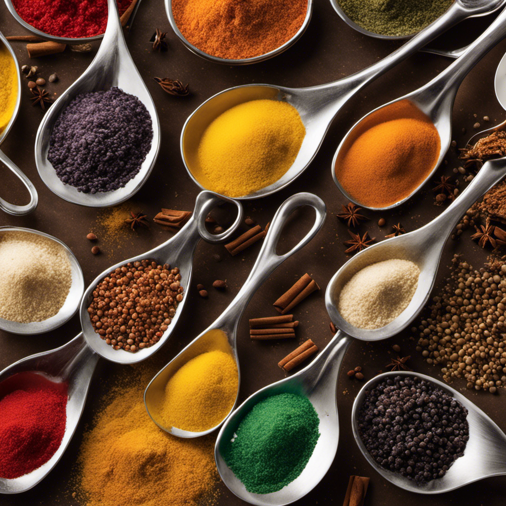An image showcasing a colorful assortment of 18 teaspoons filled with an array of ingredients, from sugar to salt, flour to spices, representing the diverse measurements that can be achieved with these teaspoons