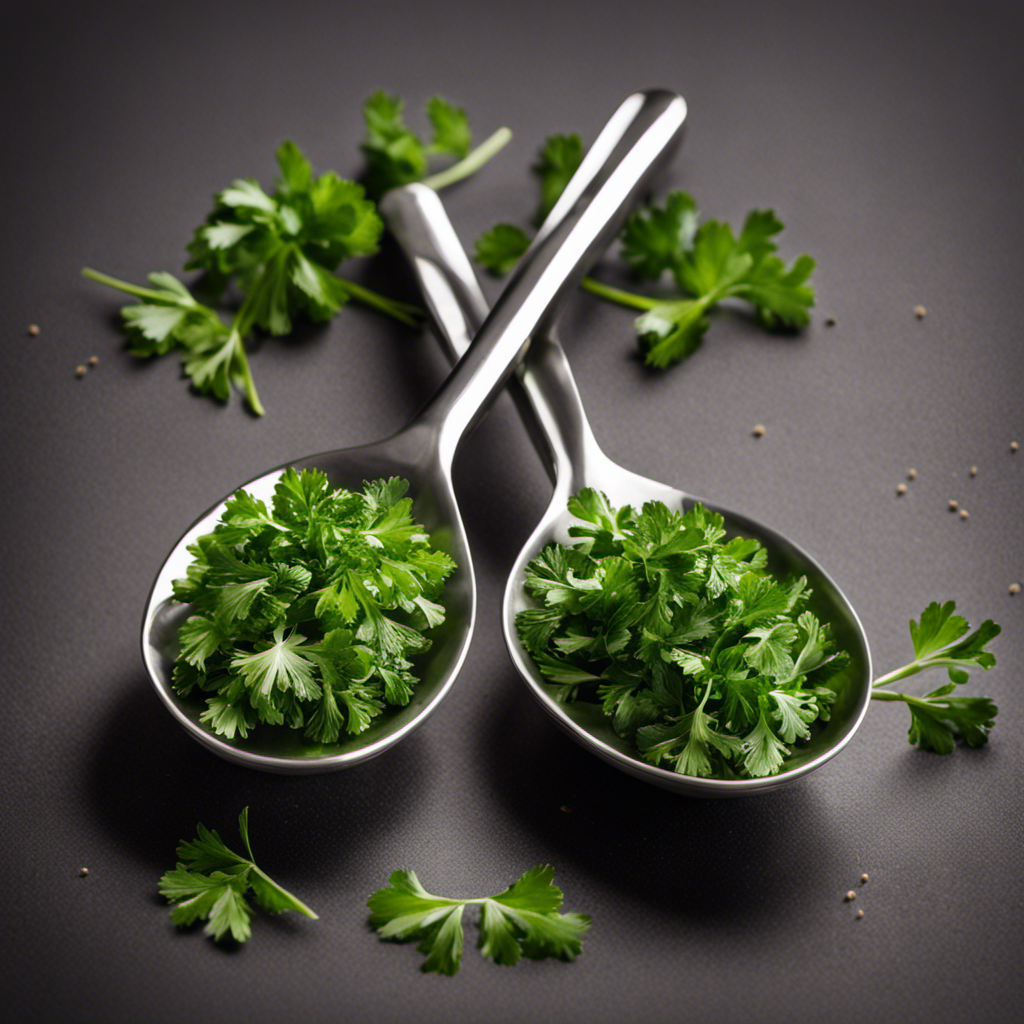 An image showcasing two measuring spoons, one filled with dry parsley, the other with fresh parsley