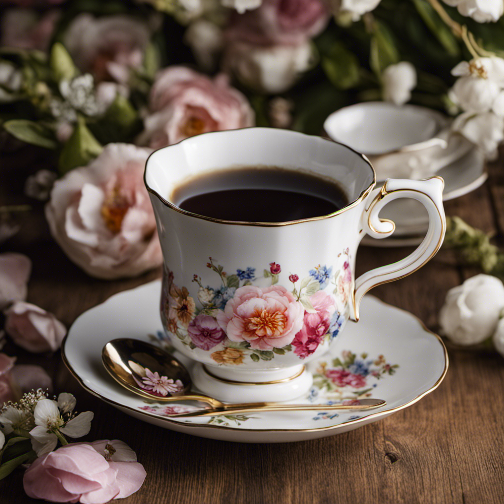 An image of a vintage teaspoon filled precisely with 2 1/4 teaspoons of fine white sugar, delicately poured into a porcelain cup adorned with floral patterns, capturing the perfect measurement for your morning coffee